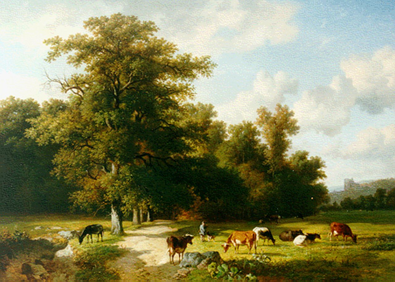 Robbe L.M.D.R.  | Louis Marie Dominique Romain Robbe, Herder met vee in lommerrijk landschap, olieverf op paneel 74,0 x 101,8 cm, gesigneerd rechtsonder