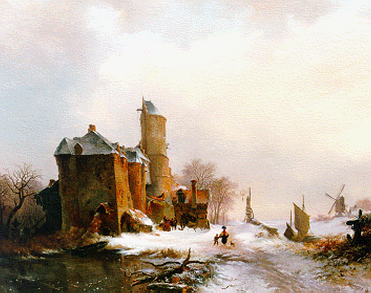 Kruseman F.M. | Frederik Marinus Kruseman, Kasteel langs bevroren vaart, olieverf op doek 80,0 x 99,0 cm, gesigneerd rechtsonder en gedateerd '42 Kruseman F.M. | Frederik Marinus Kruseman, Kasteel langs bevroren vaart, olieverf op doek 80,0 x 99,0 cm, gesigneerd rechtsonder en gedateerd '42