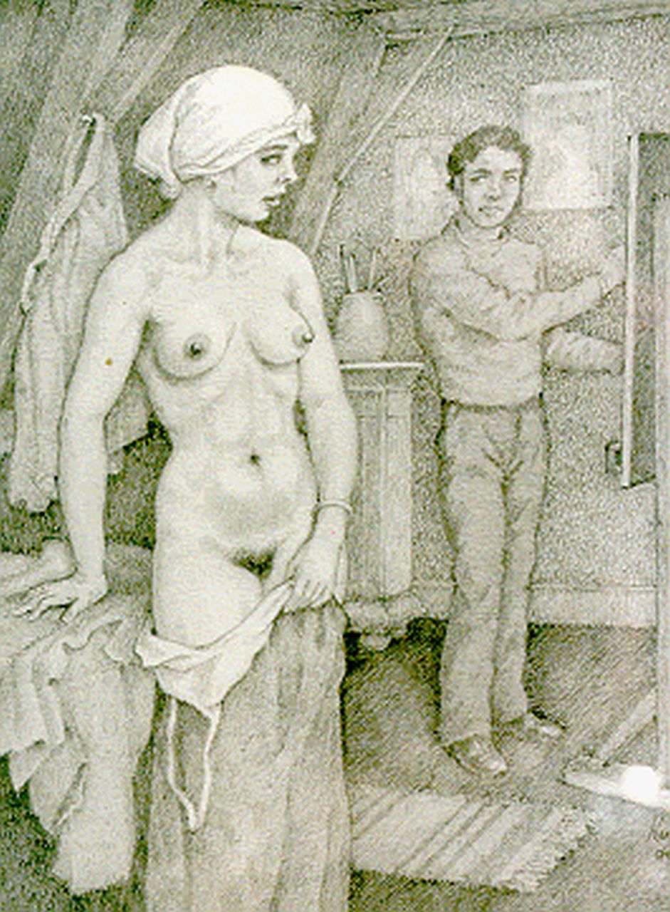 Ru H.B.W. de | Huibert Bernardus Wilhelmus 'Huib' de Ru, Het schildersmodel, potlood op papier 20,6 x 15,5 cm, gesigneerd rechtsonder