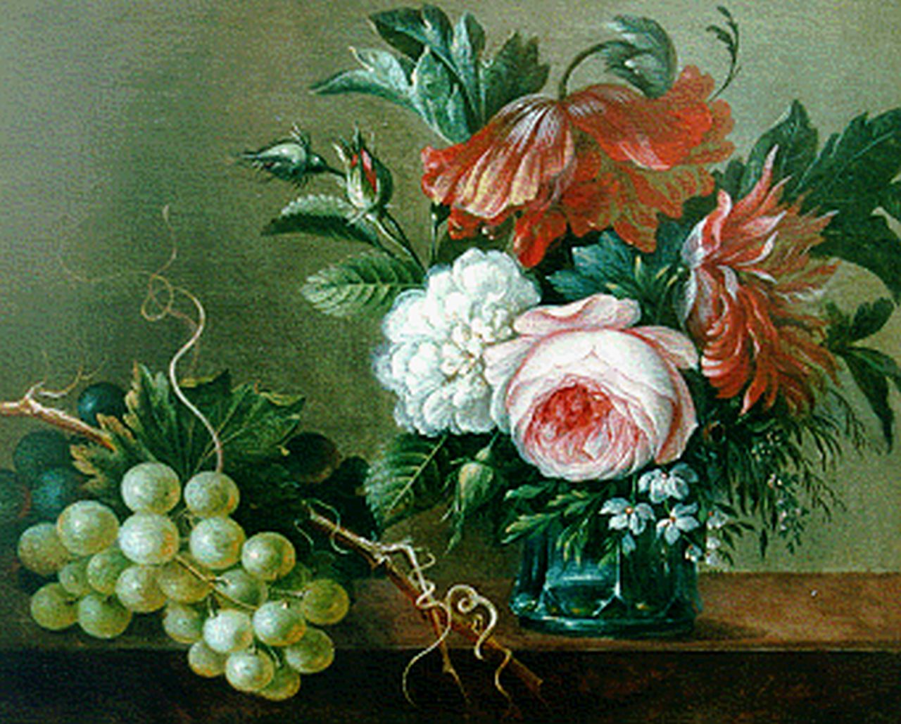 Apol A.  | Adrianus Apol, Stilleven van bloemen en druiven, olieverf op paneel 22,9 x 28,3 cm, gesigneerd rechtsonder en gedateerd 1845