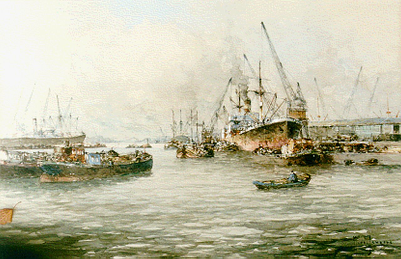 Drulman M.J.  | Marinus Johannes Drulman, De Rotterdamse haven, gemengde techniek op papier 40,0 x 65,0 cm, gesigneerd rechtsonder