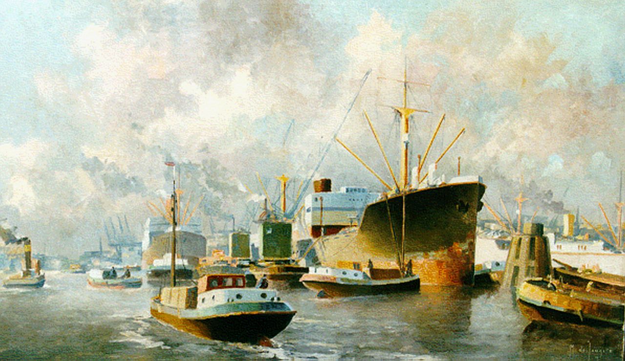 Drulman M.J.  | Marinus Johannes Drulman, De Rotterdamse haven, olieverf op doek 60,5 x 107,0 cm, gesigneerd rechtsonder
