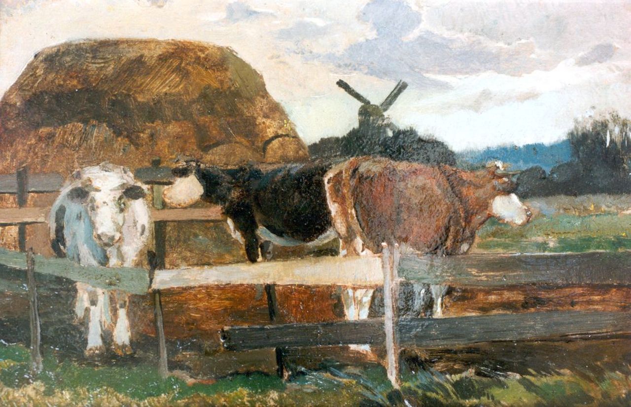 Kruyder H.J.  | 'Herman' Justus Kruyder, Koeien in de melkbocht, olieverf op doek 17,7 x 27,5 cm, gedateerd 1911