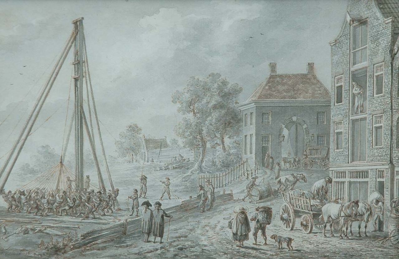 Dirk Langendijk | Heiwerkzaamheden nabij een stad, gewassen inkt op papier, 13,4 x 20,0 cm, gesigneerd l.o. en gedateerd 15 juni 1798