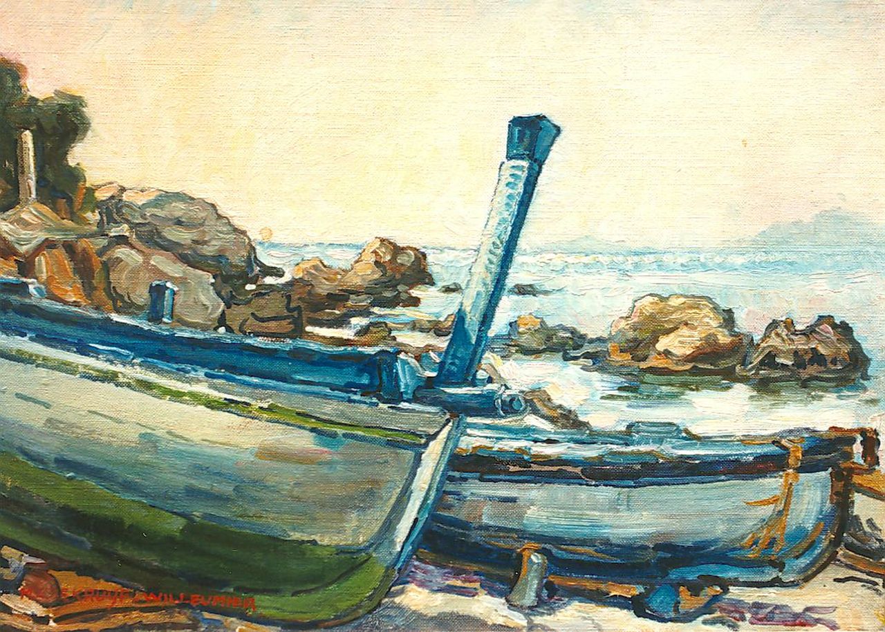 Kruijff-Willemier M.A.  | Maria Augusta Kruijff-Willemier, Bootjes op een rotsachtige kust, olieverf op doek 23,0 x 33,0 cm, gesigneerd linksonder