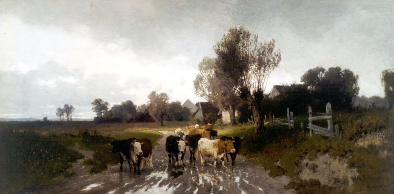 Baisch H.  | Hermann Baisch, Koeien op een polderweg, olieverf op doek 39,3 x 78,9 cm, gesigneerd rechtsonder en te dateren 1869-1881