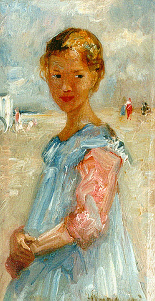Maris S.W.  | Simon Willem Maris, Meisje in blauw jurkje op het strand van Zandvoort, olieverf op paneel 22,0 x 11,7 cm, gesigneerd rechtsonder en gedateerd 1917