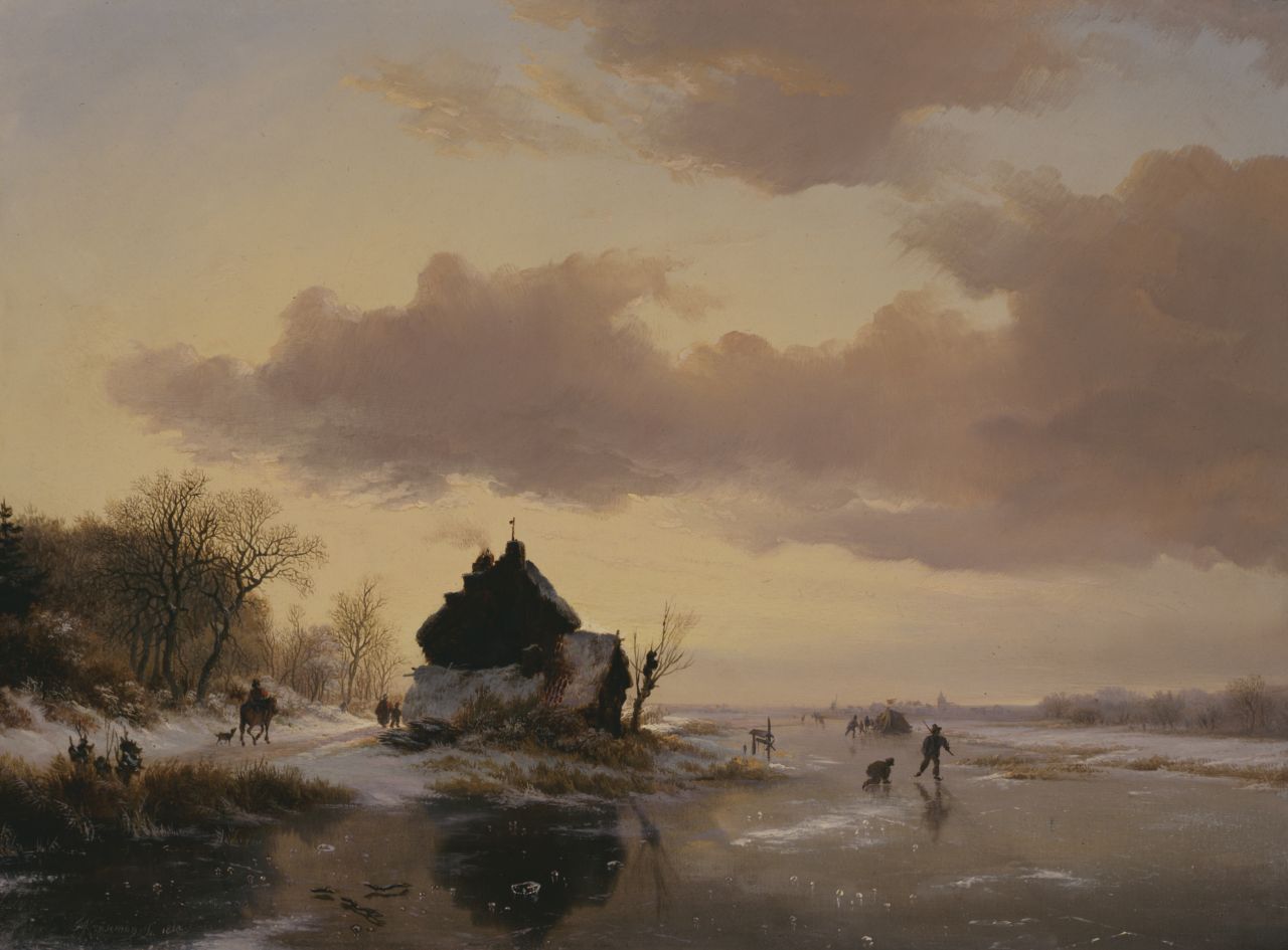 Kruseman F.M.  | Frederik Marinus Kruseman, IJsgezicht bij zonsondergang, olieverf op paneel 39,3 x 52,8 cm, gesigneerd linksonder en gedateerd 1842