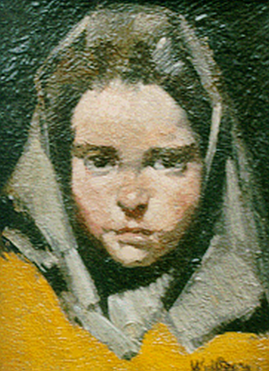 Berg W.H. van den | 'Willem' Hendrik van den Berg, Meisje met hoofddoek, 12,0 x 8,9 cm, gesigneerd rechtsonder