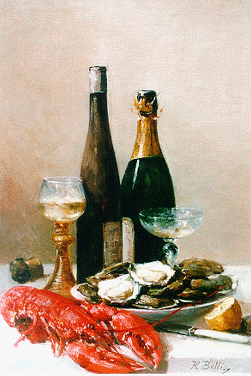 Bellis J.L.  | Josse-Lambert 'Hubert' Bellis, Stilleven met kreeft en champagne, olieverf op doek 57,2 x 40,4 cm, gesigneerd rechtsonder
