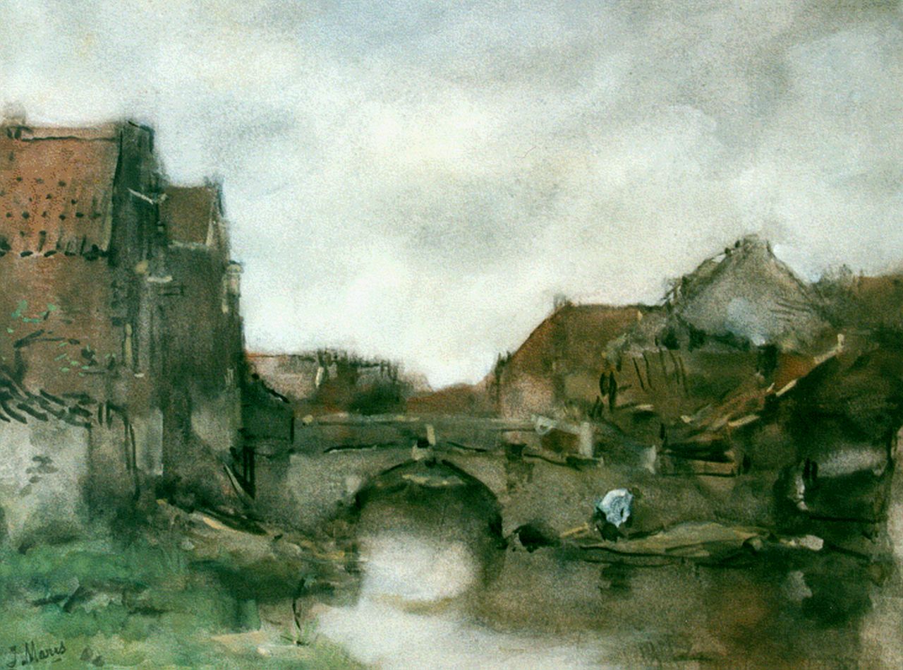 Maris J.H.  | Jacobus Hendricus 'Jacob' Maris, Gezicht op dorpsgracht, aquarel op papier 29,8 x 38,6 cm, gesigneerd linksonder