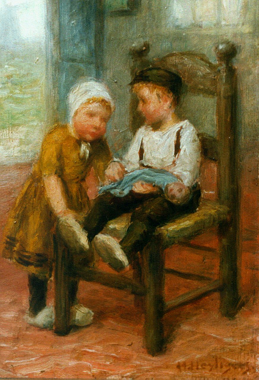 Heijligers H.  | Hendrik 'Henri' Heijligers, Kinderen met pop, olieverf op paneel 18,0 x 13,2 cm, gesigneerd rechtsonder