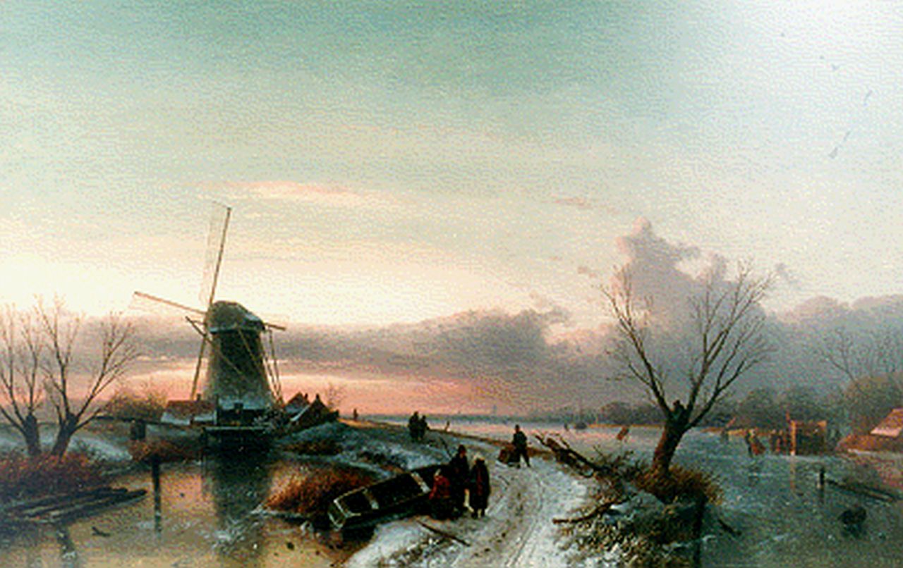 Leickert C.H.J.  | 'Charles' Henri Joseph Leickert, Winterlandschap bij zonsondergang, olieverf op doek 64,1 x 100,0 cm, gesigneerd rechtsonder en gedateerd '69