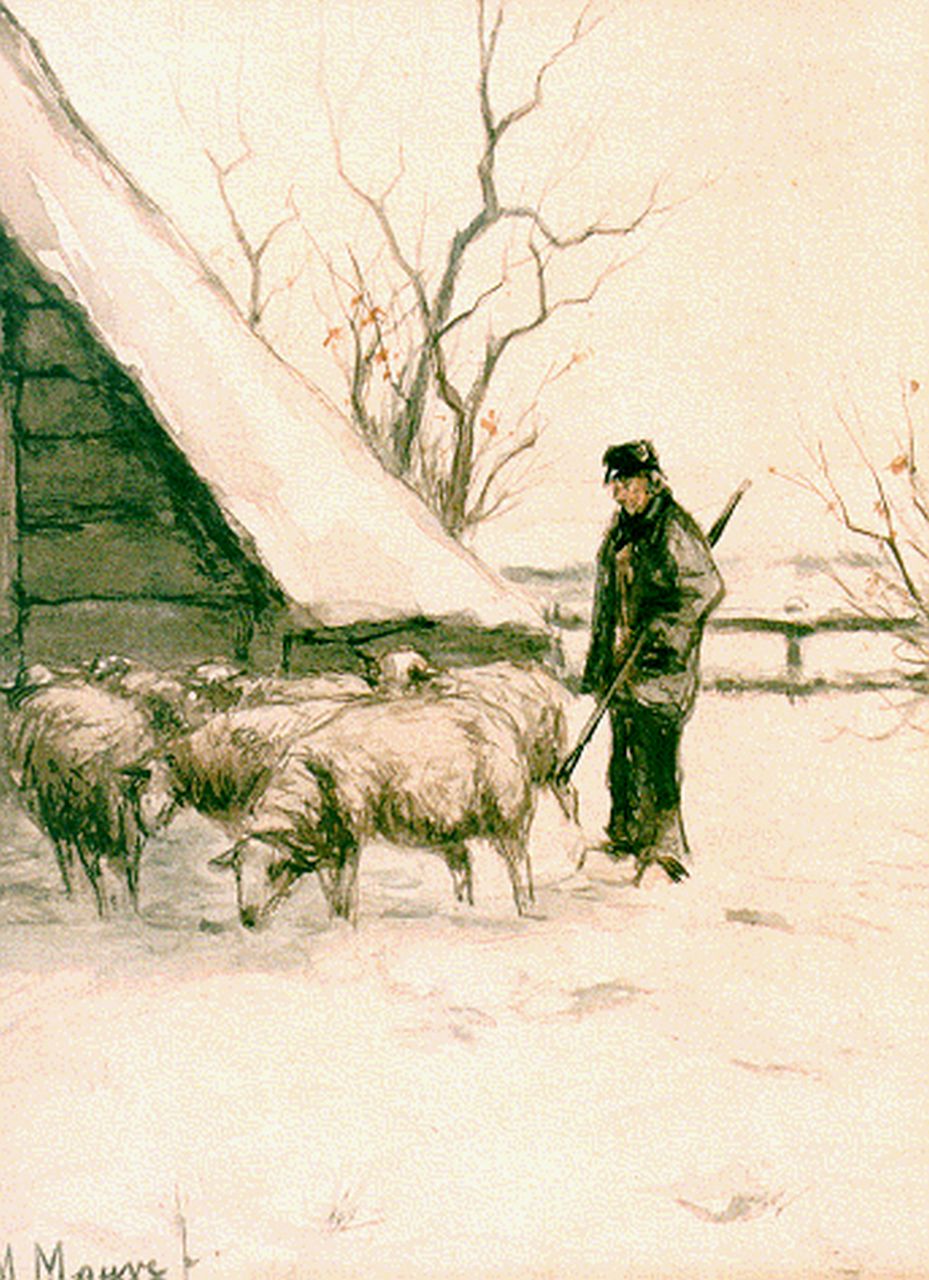 Mauve A.  | Anthonij 'Anton' Mauve, Herder bij een schaapskooi, aquarel op papier 18,0 x 23,3 cm, gesigneerd linksonder