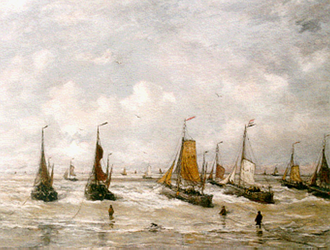 Mesdag H.W.  | Hendrik Willem Mesdag, Uitvarende bomschuiten bij Scheveningen, olieverf op doek 141,0 x 181,0 cm, gesigneerd rechtsonder en gedateerd 1901