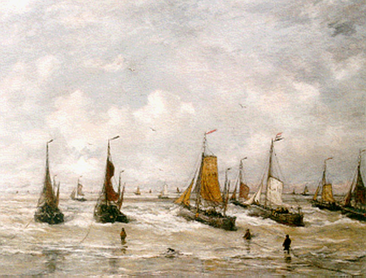 Mesdag H.W. | Hendrik Willem Mesdag, Uitvarende bomschuiten bij Scheveningen, olieverf op doek 141,0 x 181,0 cm, gesigneerd rechtsonder en gedateerd 1901 Mesdag H.W. | Hendrik Willem Mesdag, Uitvarende bomschuiten bij Scheveningen, olieverf op doek 141,0 x 181,0 cm, gesigneerd rechtsonder en gedateerd 1901