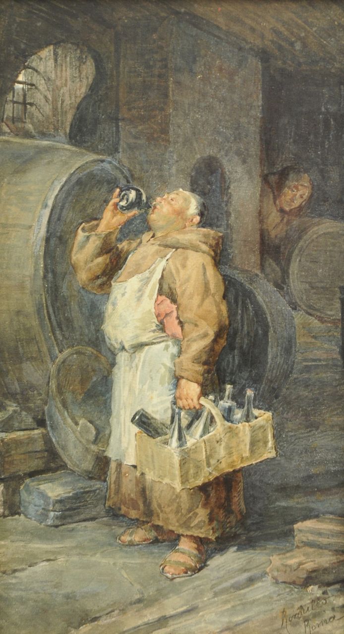 Romuleo   | Romuleo, De stille drinker, aquarel op papier 34,0 x 18,8 cm, gesigneerd rechtsonder en te dateren 1880