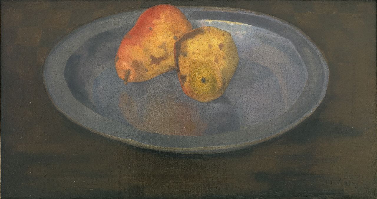 Henk Kuipers | Twee peren op een tinnen bord, olieverf op doek, 27,3 x 50,2 cm, gesigneerd r.o. en gedateerd 1930