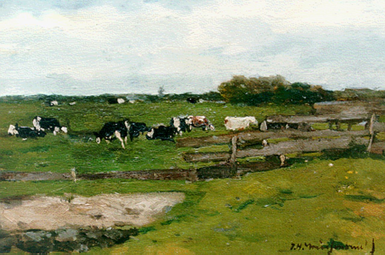 Weissenbruch H.J.  | Hendrik Johannes 'J.H.' Weissenbruch, Zomers weidelandschap met grazende koeien, olieverf op doek op schildersboard 17,5 x 24,5 cm, gesigneerd rechtsonder
