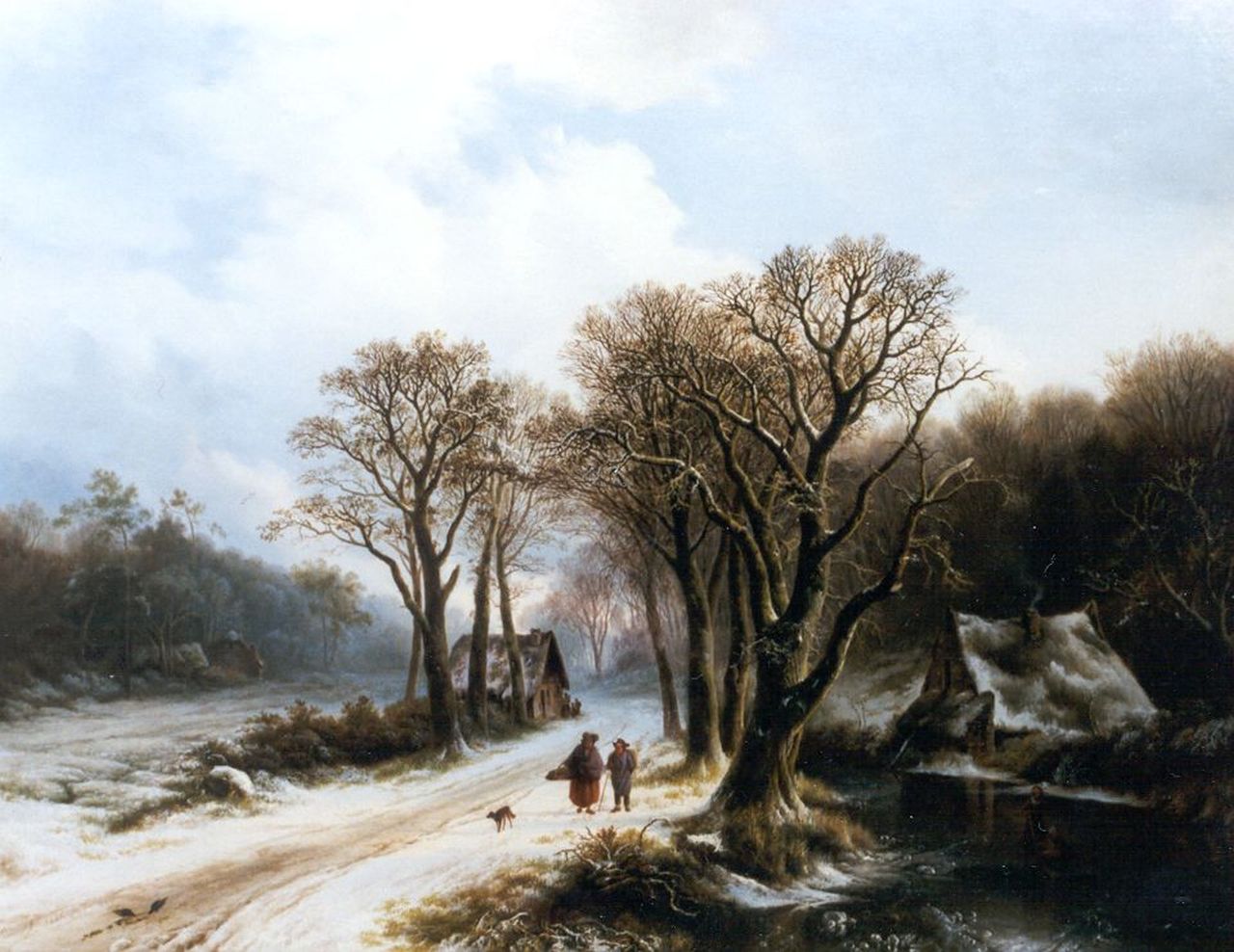 Bodeman W.  | Willem Bodeman, Wandelaars op winters bospad langs een bevroren sloot, olieverf op doek 77,1 x 98,0 cm, gesigneerd linksonder en gedateerd 1837