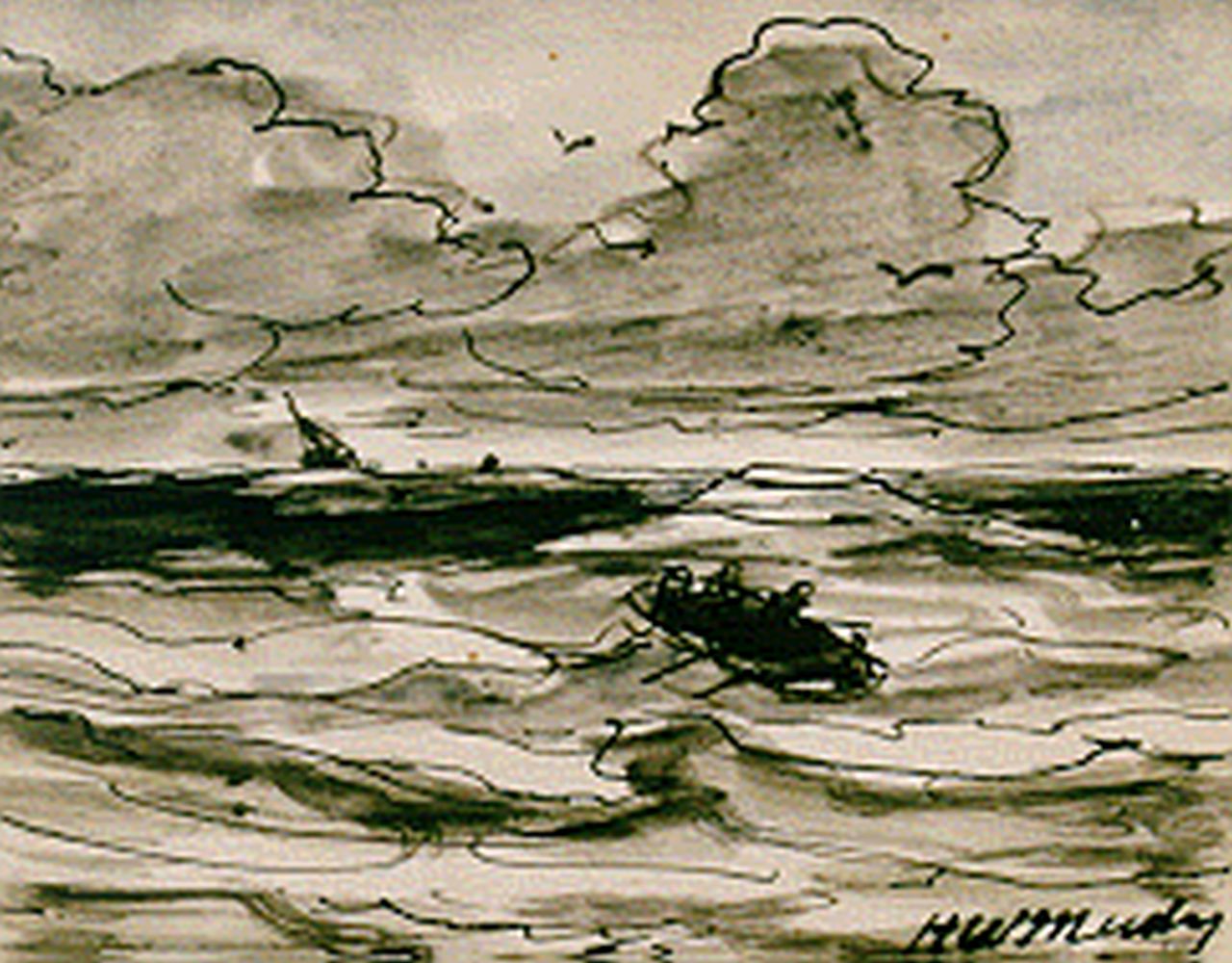 Mesdag H.W.  | Hendrik Willem Mesdag, Reddingssloep op volle zee, aquarel op papier 9,4 x 11,7 cm, gesigneerd rechtsonder