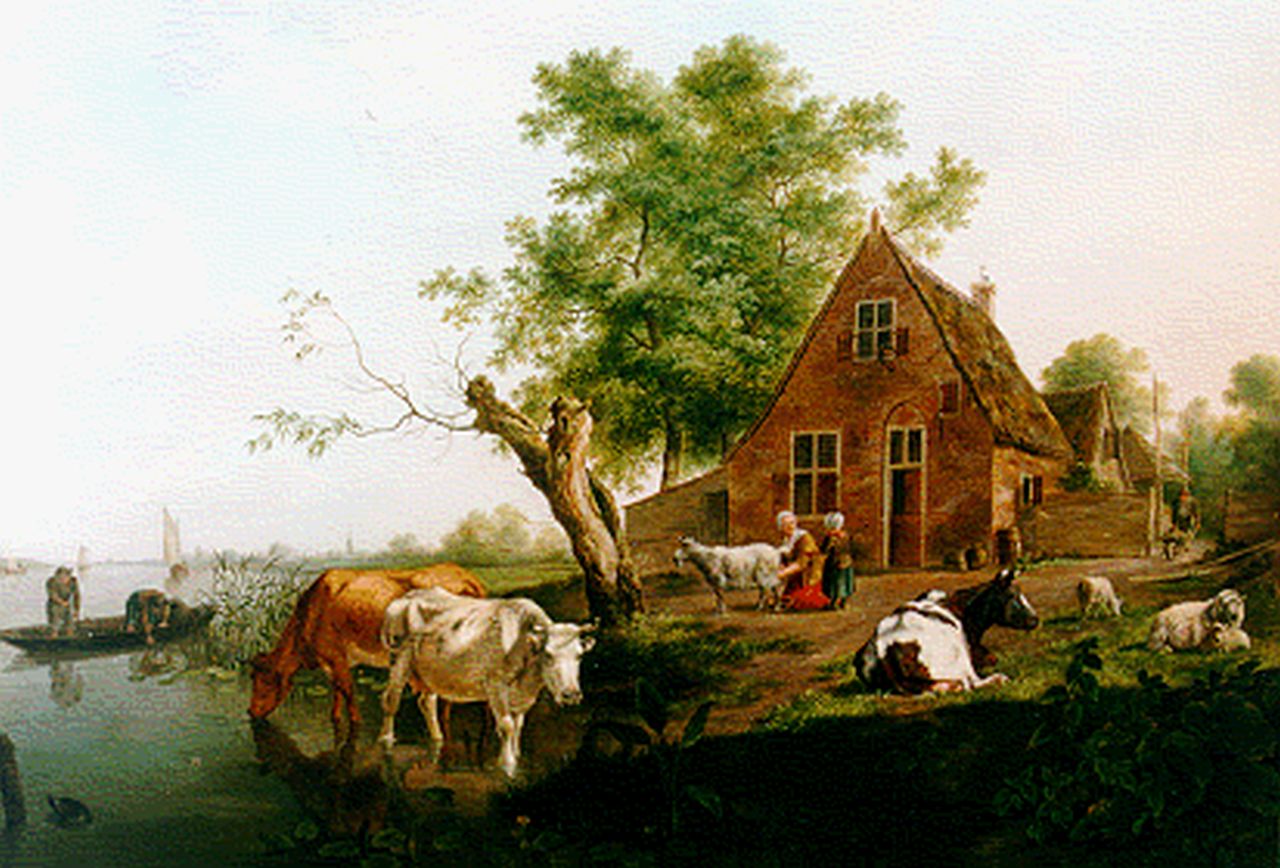 Janson J.  | Johannes Janson, Figuren en vee bij een boerderij, olieverf op paneel 51,0 x 62,4 cm, gesigneerd linksonder en gedateerd 1777