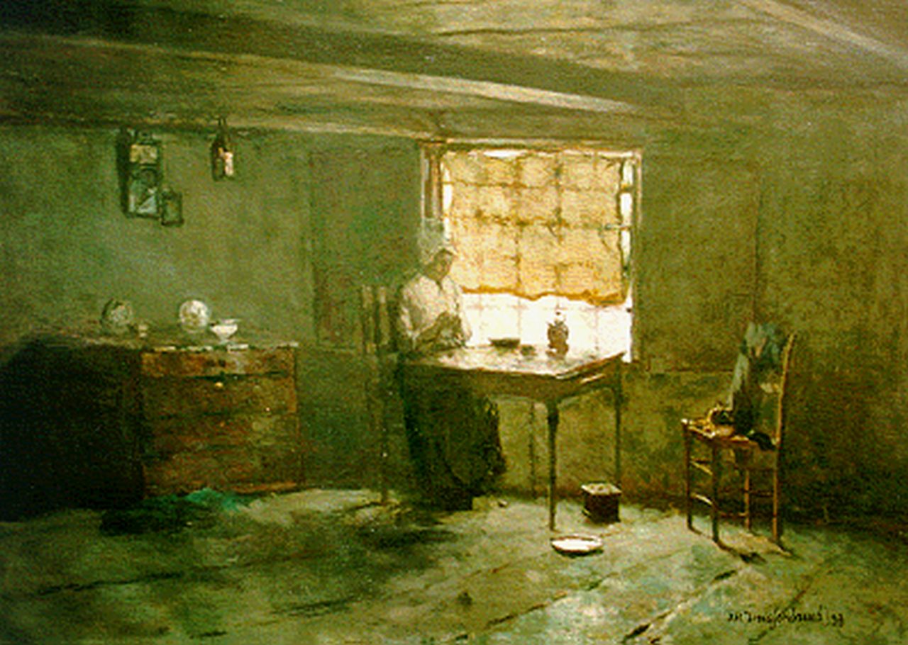 Weissenbruch H.J.  | Hendrik Johannes 'J.H.' Weissenbruch, Vrouwtje Waaiman in haar huis in Noorden, olieverf op doek 72,2 x 102,2 cm, gesigneerd rechtsonder en gedateerd '93