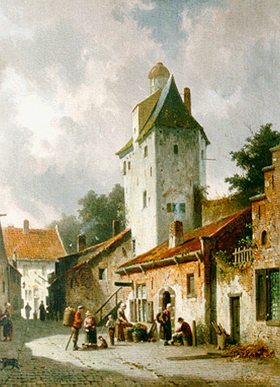Eversen A.  | Adrianus Eversen, Drukbevolkt zomers straatje, olieverf op doek 44,0 x 36,3 cm, gesigneerd rechtsonder