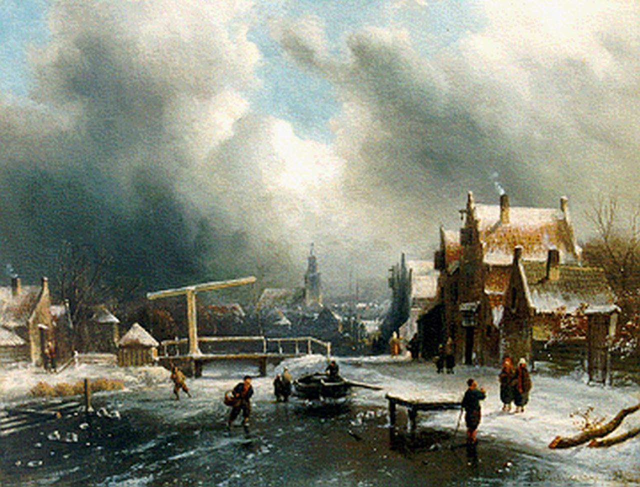 Leickert C.H.J.  | 'Charles' Henri Joseph Leickert, Winterlandschap met schaatsers, olieverf op paneel 26,9 x 35,4 cm, gesigneerd rechtsonder