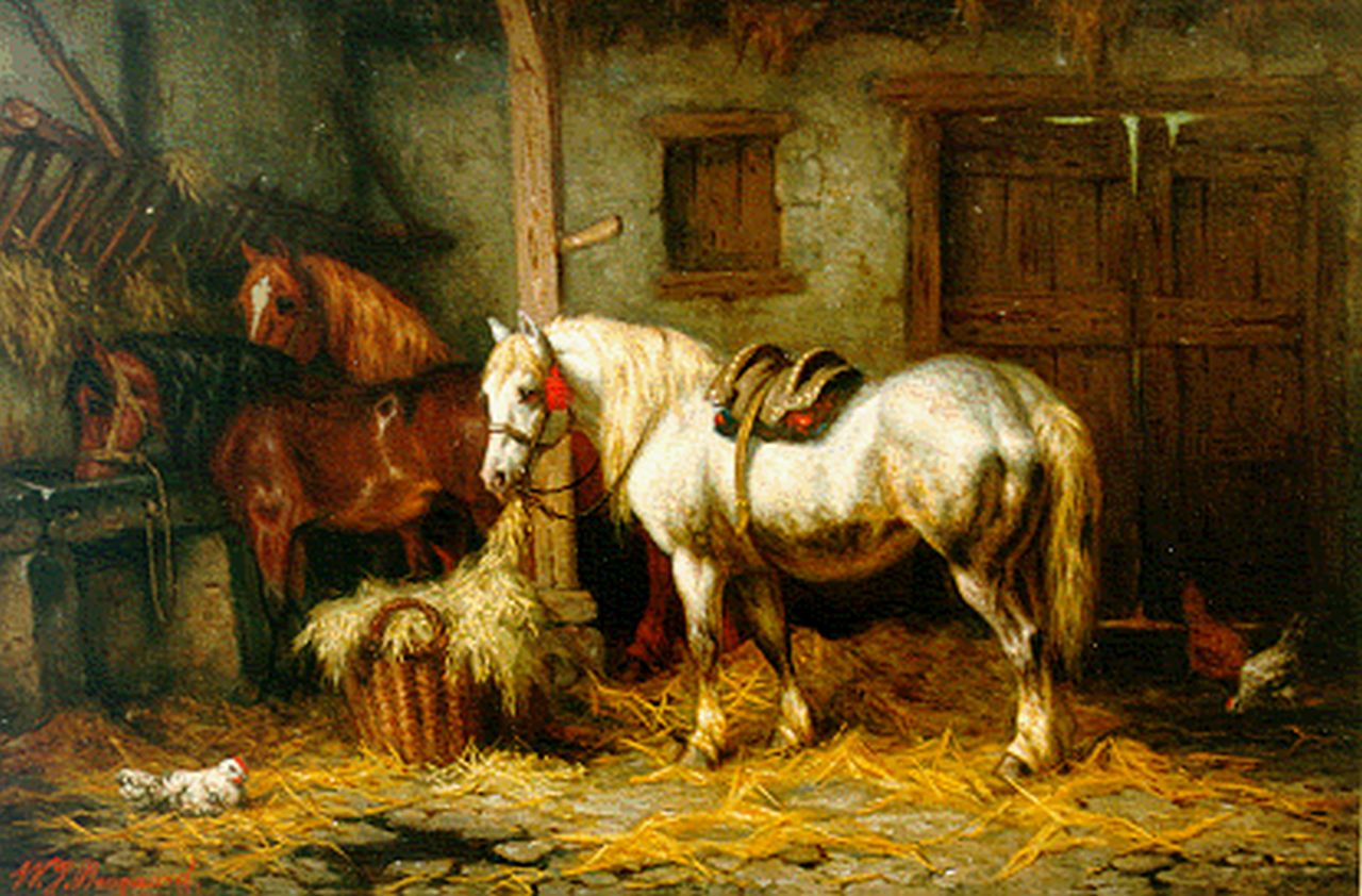 Boogaard W.J.  | Willem Johan Boogaard, Drie paarden in een stal, olieverf op paneel 26,8 x 39,9 cm, gesigneerd linksonder en gedateerd 1881