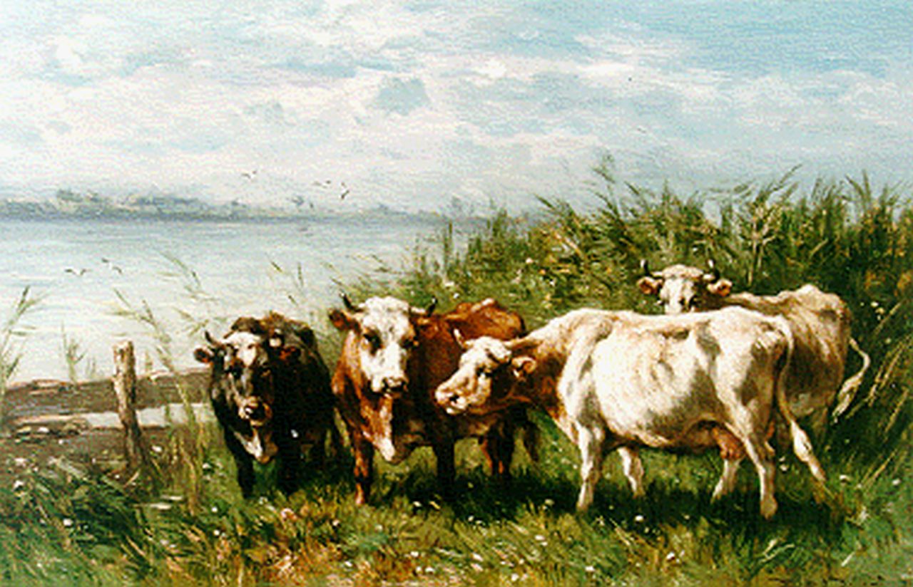 Haas J.H.L. de | Johannes Hubertus Leonardus de Haas, Grazende koeien aan het water, olieverf op paneel 30,9 x 46,9 cm, gesigneerd rechtsonder