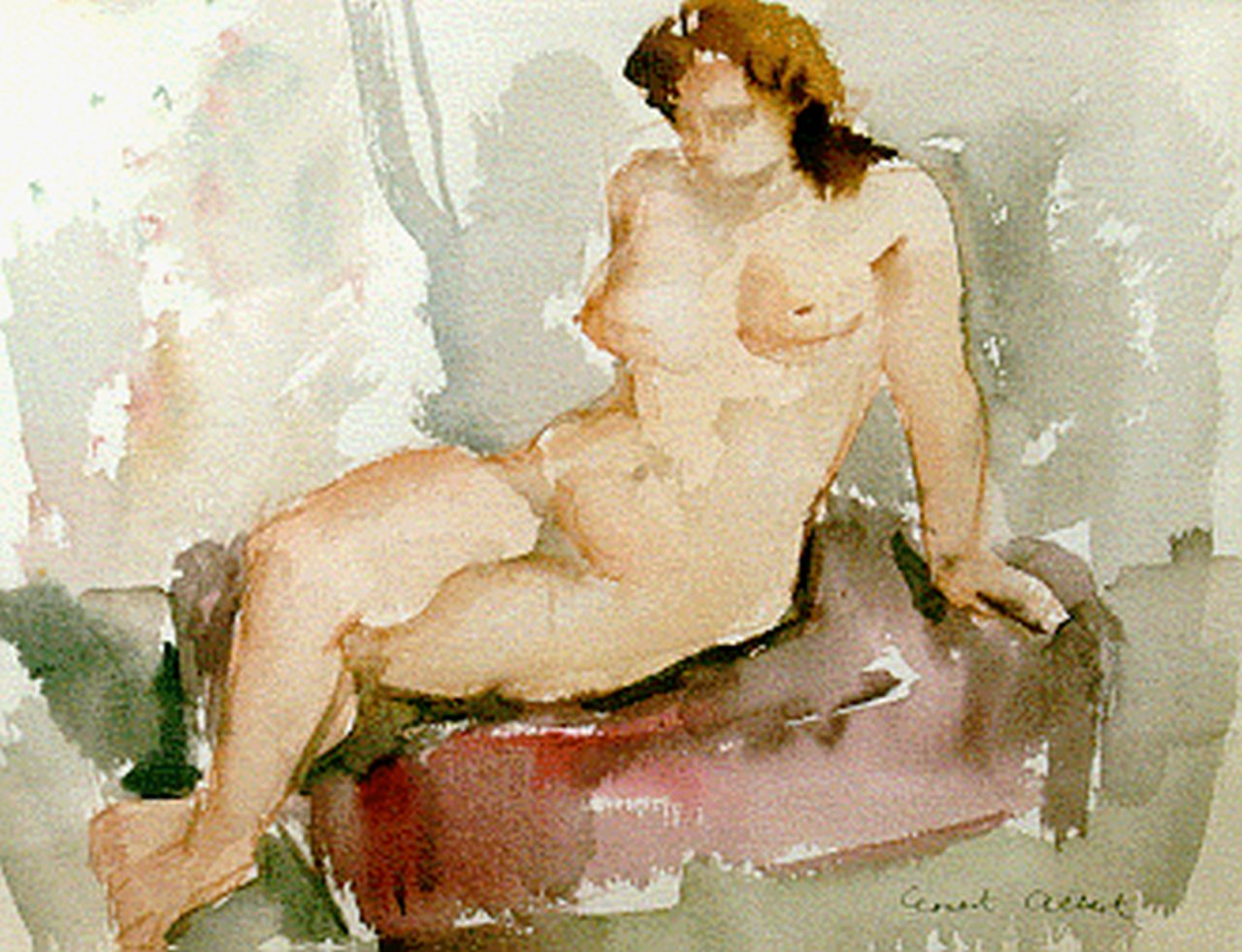 Albert E.  | Ernest Albert, Zittend naakt, aquarel op papier 25,5 x 32,0 cm, gesigneerd rechtsonder