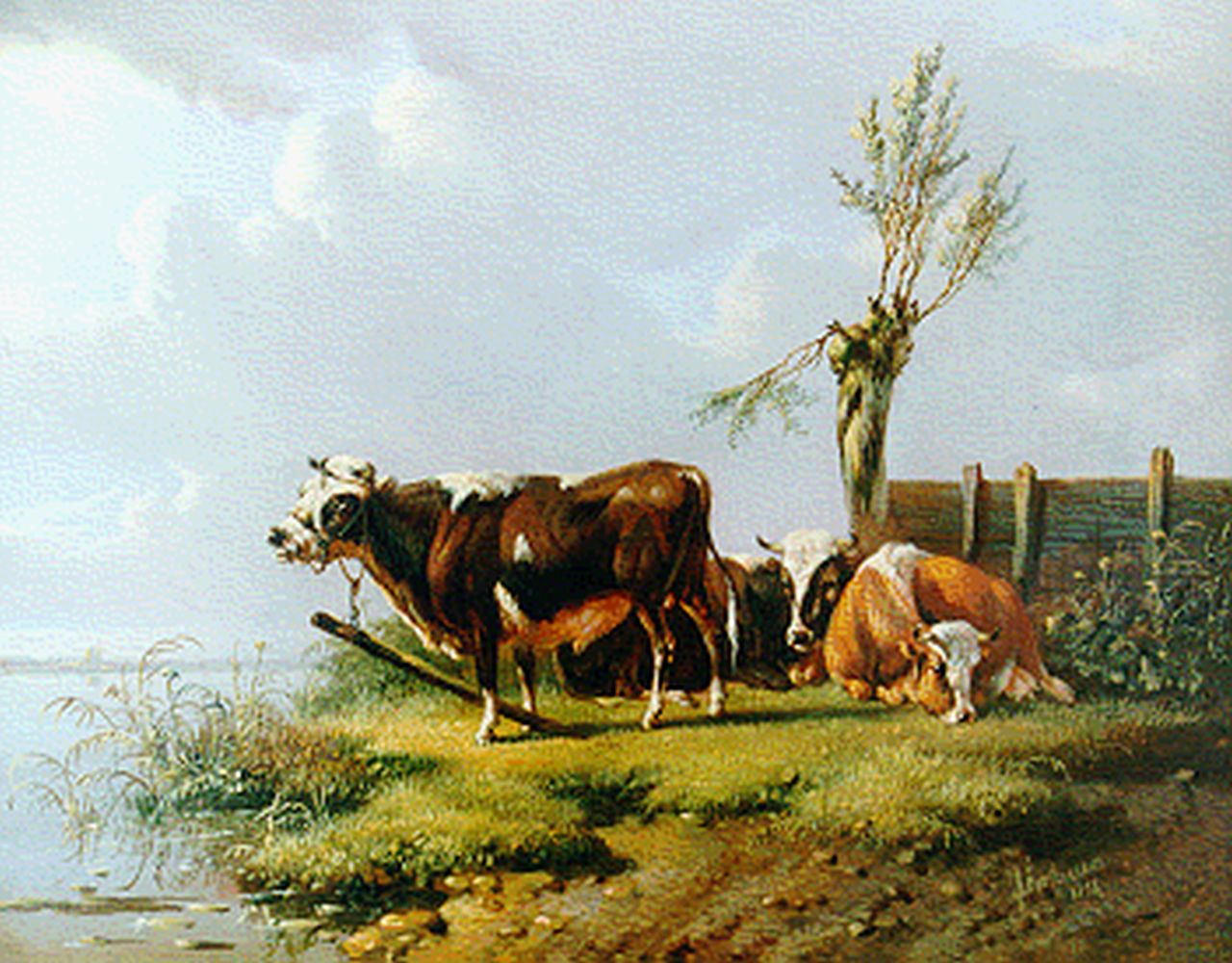 Verhoesen A.  | Albertus Verhoesen, Weidelandschap met koeien aan het water, olieverf op paneel 14,3 x 17,6 cm, gesigneerd rechtsonder en gedateerd 1856