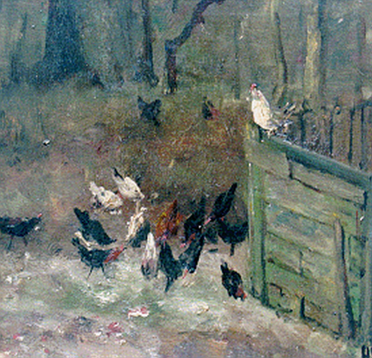 Mesdag H.W.  | Hendrik Willem Mesdag, Kippen bij een hekje, 21,2 x 21,6 cm, gesigneerd rechtsonder in
