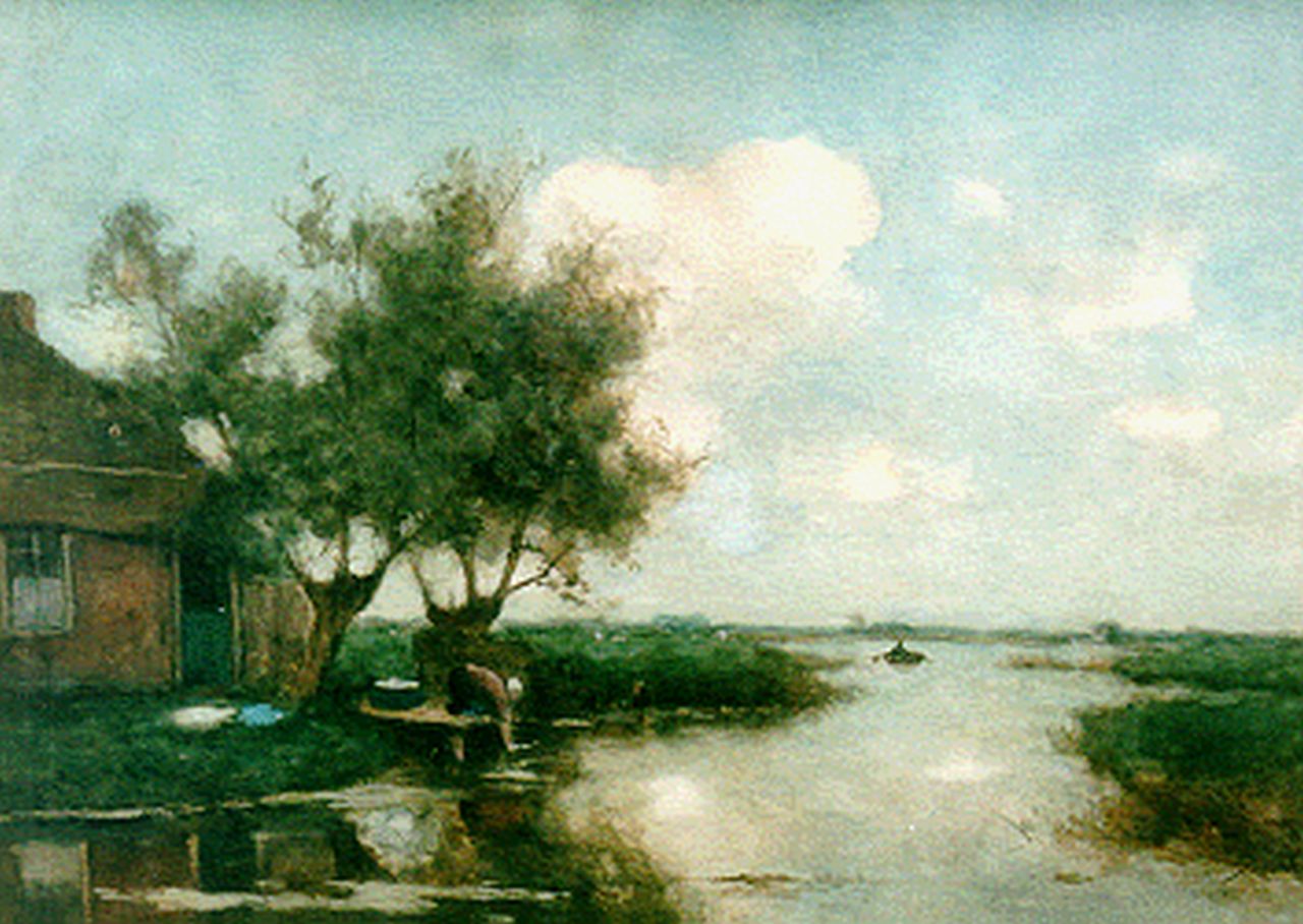 Bauffe V.  | Victor Bauffe, Wasvrouw bij poldervaart, aquarel op papier 48,6 x 67,5 cm, gesigneerd rechtsonder
