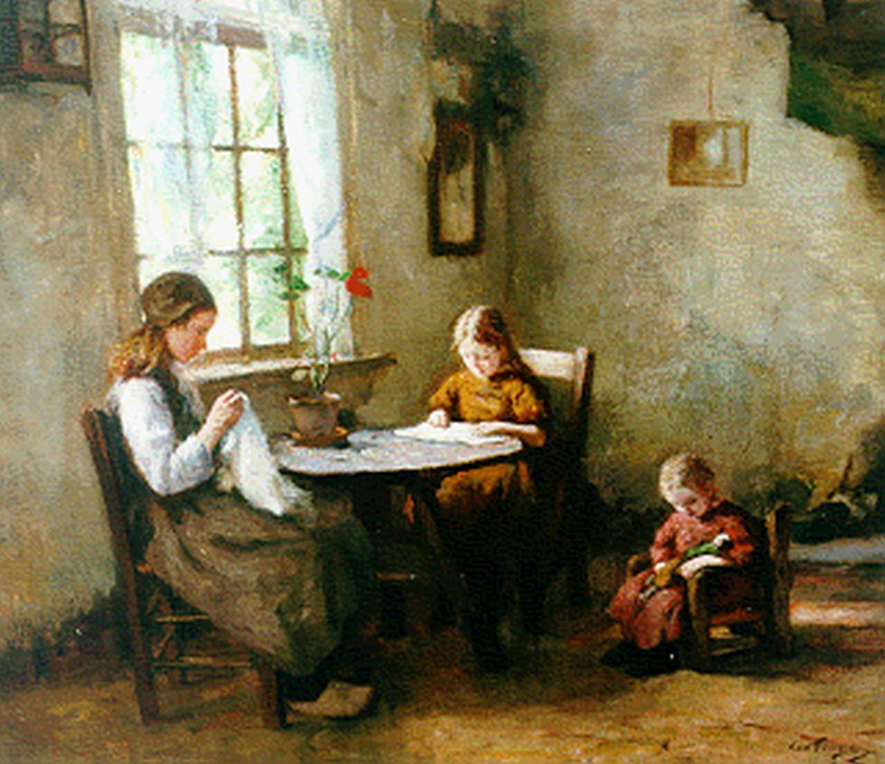 Tonge L.L. van der | 'Lammert' Leire van der Tonge, Larens interieur met kinderen, olieverf op doek 60,0 x 70,3 cm, gesigneerd rechtsonder