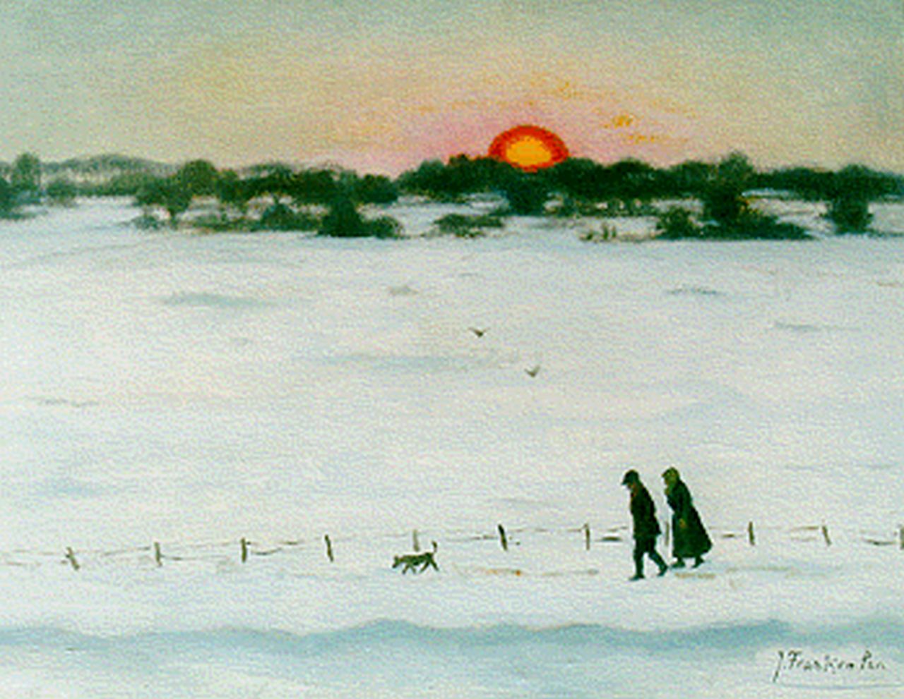 Franken J.P.J.  | Joannes Petrus Josephus 'Jan' Franken, Wandelaars in sneeuwlandschap, olieverf op doek 35,3 x 45,3 cm, gesigneerd rechtsonder