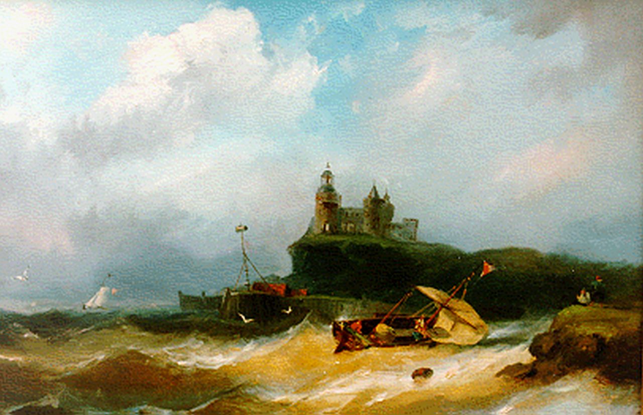 Hilleveld A.D.  | Adrianus David Hilleveld, Woelige zee met burcht op een landtong, olieverf op paneel 24,8 x 38,2 cm, gesigneerd linksonder
