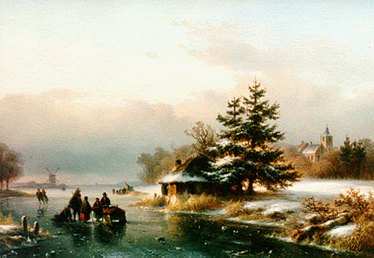 Kleijn L.J.  | Lodewijk Johannes Kleijn, Schaatsers op een bevroren rivier, olieverf op paneel 39,5 x 40,6 cm, gesigneerd rechtsonder