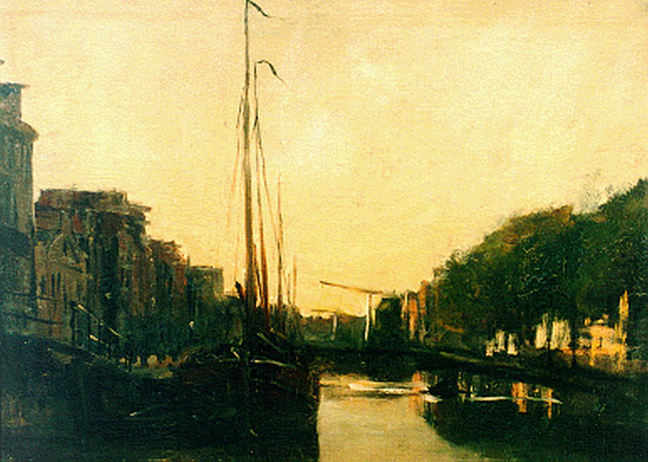 Wijsmuller J.H.  | Jan Hillebrand Wijsmuller, Amsterdamse gracht bij avondschemering, olieverf op doek 36,5 x 49,5 cm, gesigneerd rechtsonder