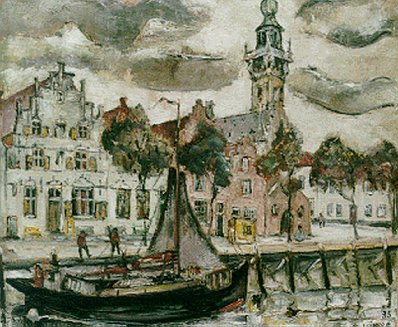Kimpe R.J.P.  | Raymundus Josephus Petrus 'Reimond' Kimpe, Gezicht op de haven van Veere, olieverf op doek 60,0 x 71,0 cm, gesigneerd rechtsonder en gedateerd '35