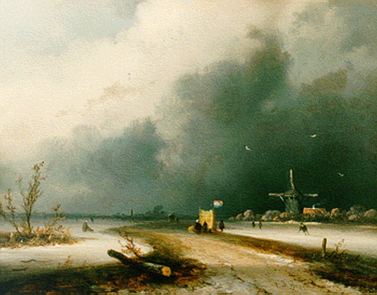 Hoppenbrouwers J.F.  | Johannes Franciscus Hoppenbrouwers, IJsgezicht met sneeuwstorm op komst, olieverf op paneel 14,7 x 18,8 cm, gesigneerd rechtsonder