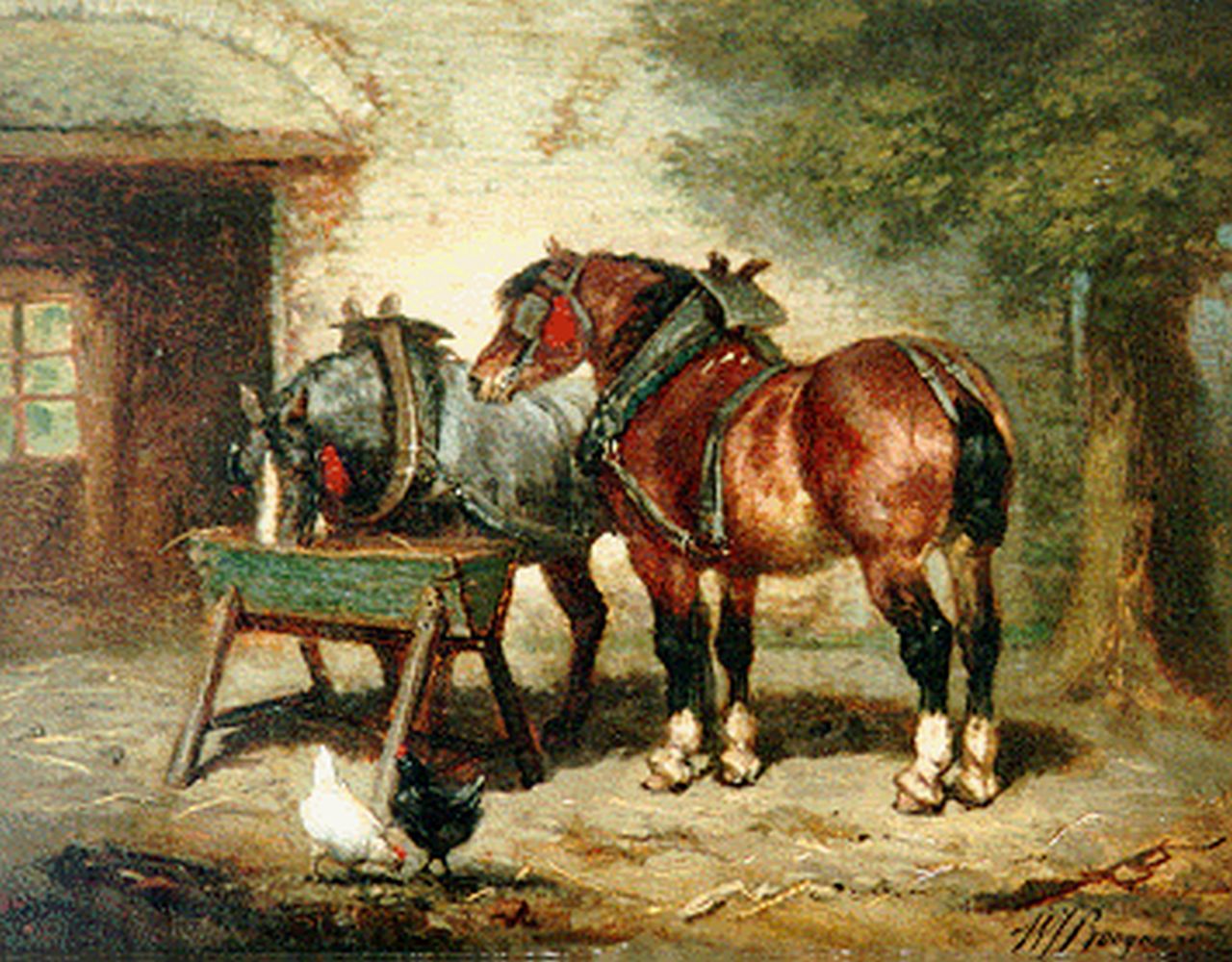 Boogaard W.J.  | Willem Johan Boogaard, Werkpaarden bij de trog, olieverf op paneel 27,0 x 21,0 cm, gesigneerd rechtsonder