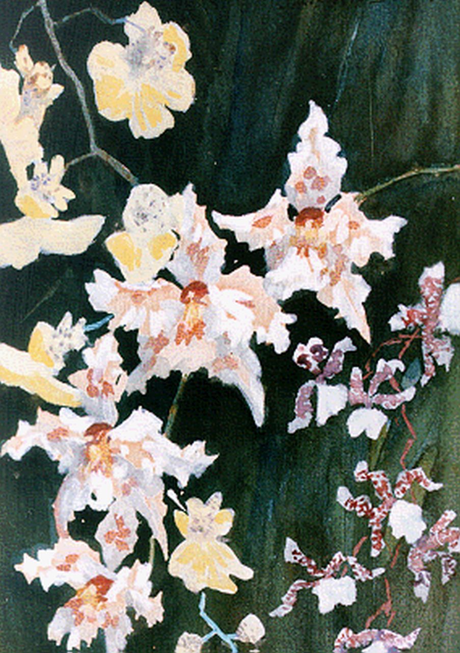 Soest L.W. van | 'Louis' Willem van Soest, Bloemstilleven met orchideen, aquarel op papier 18,8 x 13,2 cm, gesigneerd rechtsboven