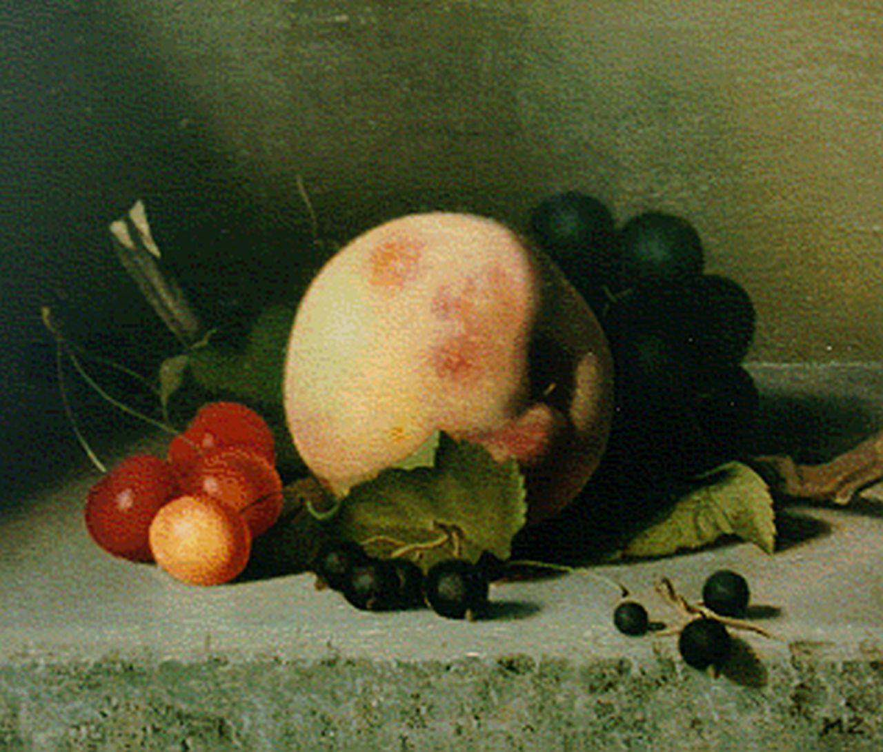 Hynckes-Zahn M.  | Marguerite Hynckes-Zahn, Stilleven met fruit, 21,1 x 25,0 cm, gesigneerd rechtsonder ini