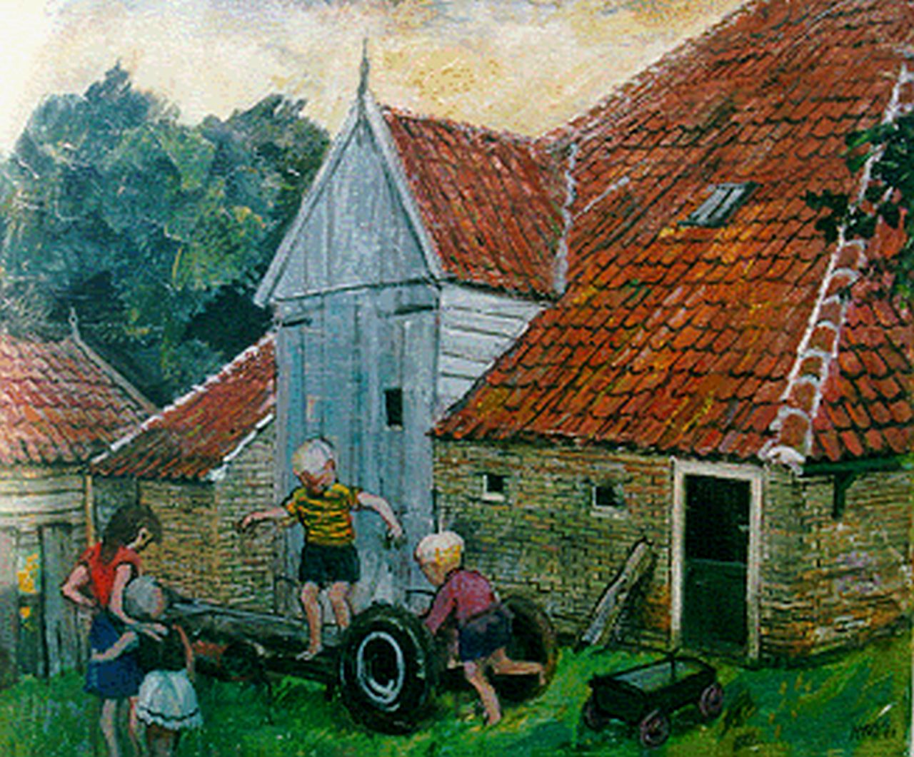 Kamerlingh Onnes H.H. | 'Harm' Henrick Kamerlingh Onnes, Kinderen bij een boerderij op Terschelling, olieverf op doek 50,3 x 60,2 cm, gesigneerd rechtsonder monogram en gedateerd '60 Kamerlingh Onnes H.H. | 'Harm' Henrick Kamerlingh Onnes, Kinderen bij een boerderij op Terschelling, olieverf op doek 50,3 x 60,2 cm, gesigneerd rechtsonder monogram en gedateerd '60