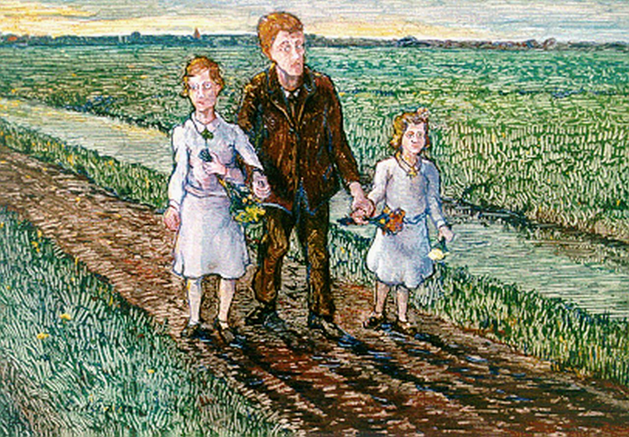 Lodeizen J. | Johannes 'Jo' Lodeizen, Wandeling in weids landschap, olieverf op paneel 32,0 x 41,0 cm, gesigneerd linksonder Lodeizen J. | Johannes 'Jo' Lodeizen, Wandeling in weids landschap, olieverf op paneel 32,0 x 41,0 cm, gesigneerd linksonder