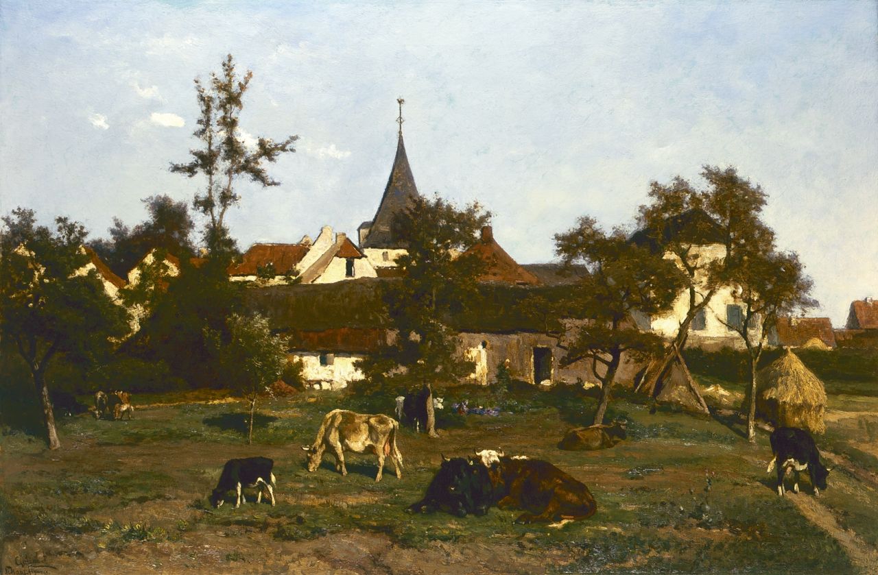 Gabriel/Haas P.J.C./J.H.L. de  | Gabriel/Haas, Weide met vee aan de dorpsrand, olieverf op doek 66,2 x 100,5 cm, gesigneerd linksonder