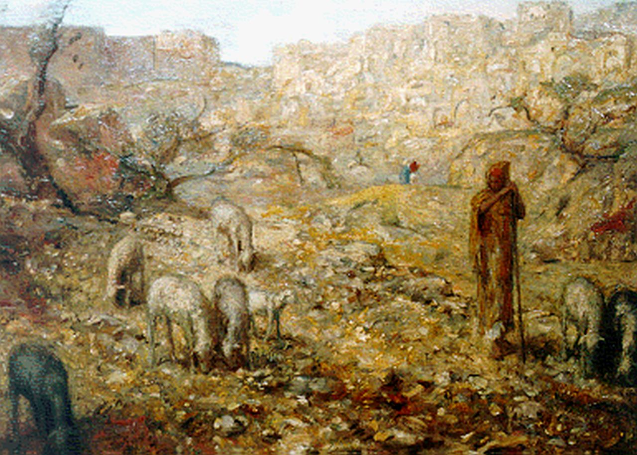 Bauer M.A.J.  | 'Marius' Alexander Jacques Bauer, Een schaapherder met zijn kudde bij Jeruzalem, olieverf op doek 50,2 x 70,0 cm, gesigneerd rechtsonder