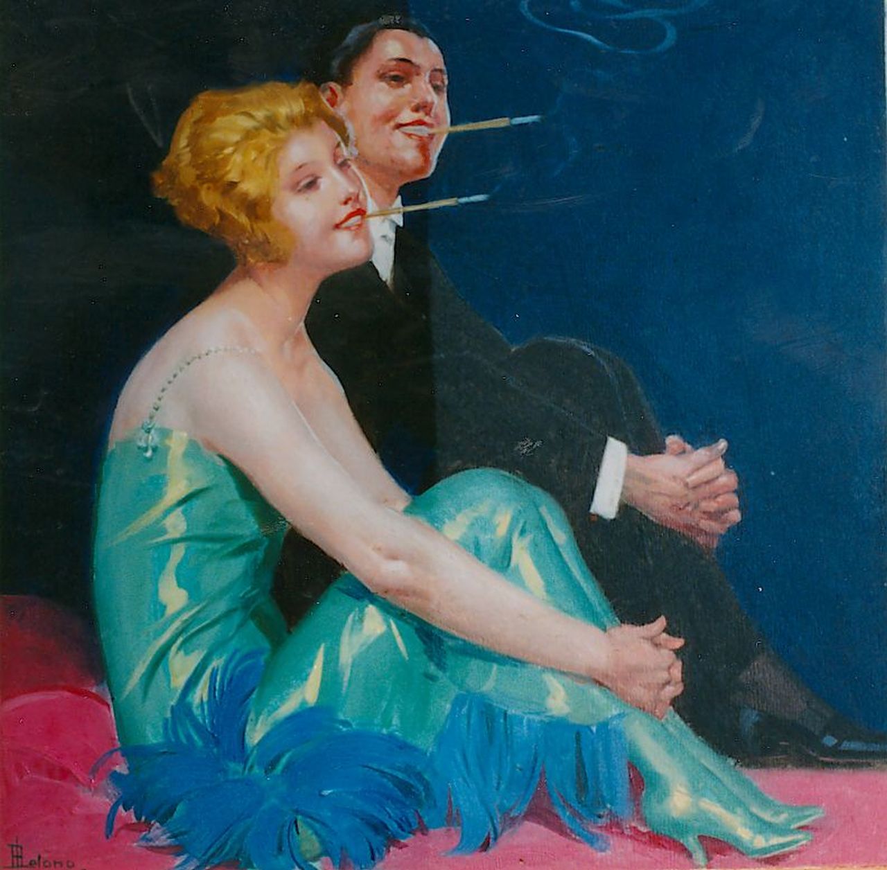 Lelong R.  | René Lelong, Rokend paar, olieverf op schilderskarton 34,9 x 35,3 cm, gesigneerd linksonder